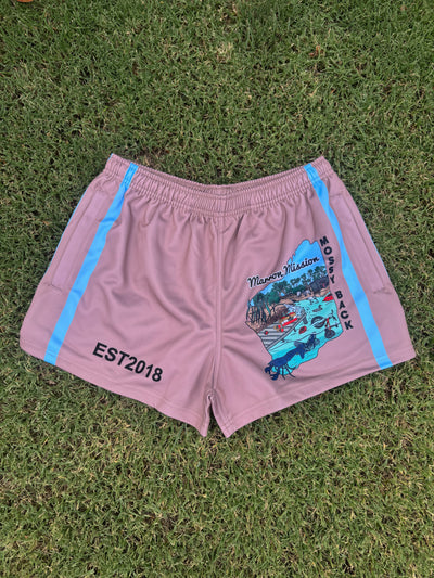 Mossy Back Marron Mission Footy/Rugby Shorts with zip pockets